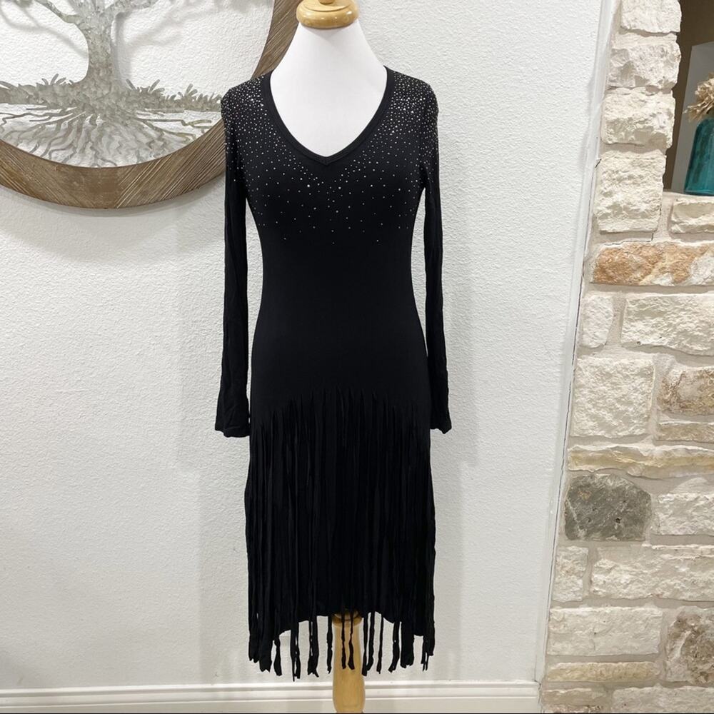 The Pyramid Collection Long Sleeve Sparkle Embellished Fringe Dress Black Small